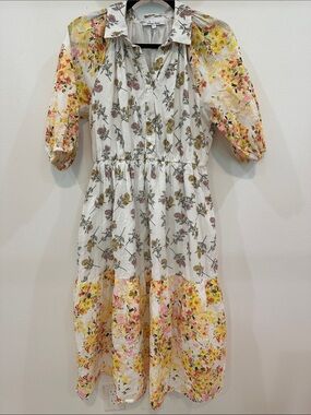 CELINA MOON White Floral Button-Front Tiered Dress with Yellow and Pink Accents